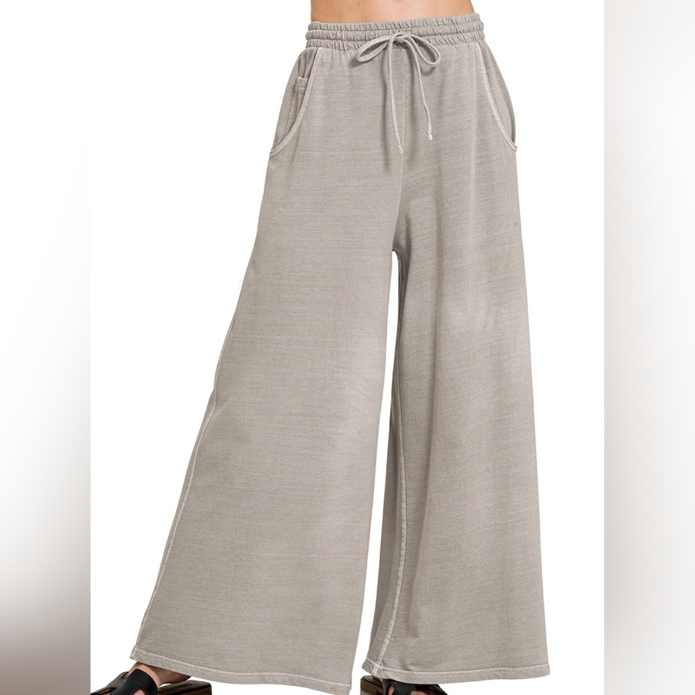 Zenana French Terry Pigment Dyed and Enzyme Washed Pants, Sleet